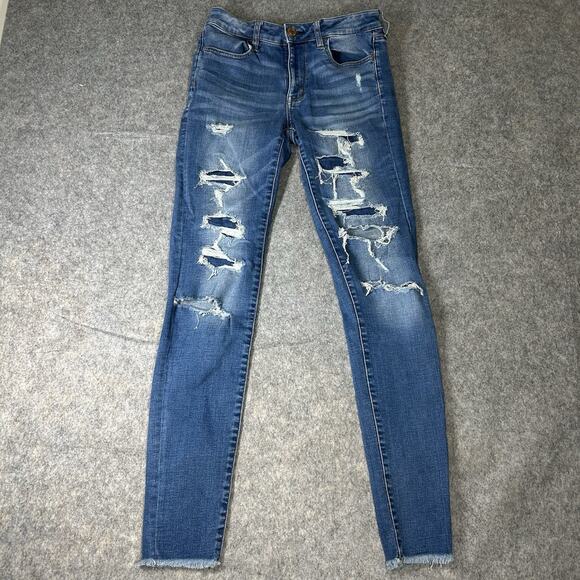 American Eagle Outfitters Denim - American Eagle Jeans Womens 6 X-long Distressed Raw Hem Blue Skinny Stretch